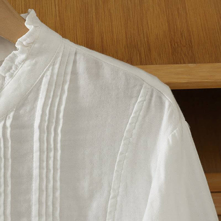 Buddha Stones Fall Vintage Elegant Button-Up Pleats Solid Cotton Women's Long Sleeve Shirts - image 12