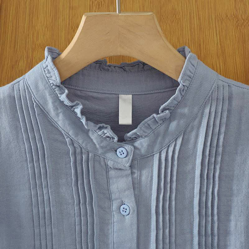 Buddha Stones Fall Vintage Elegant Button-Up Pleats Solid Cotton Women's Long Sleeve Shirts - image 1