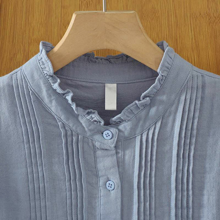 Buddha Stones Fall Vintage Elegant Button-Up Pleats Solid Cotton Women's Long Sleeve Shirts - image 1