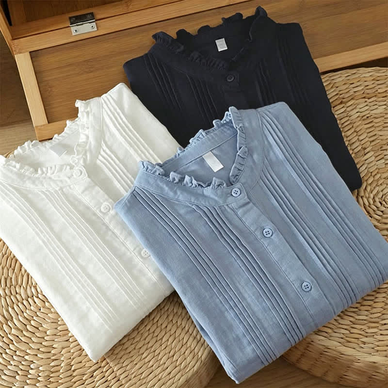 Buddha Stones Fall Vintage Elegant Button-Up Pleats Solid Cotton Women's Long Sleeve Shirts - image 18
