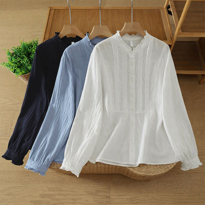 Buddha Stones Fall Vintage Elegant Button-Up Pleats Solid Cotton Women's Long Sleeve Shirts - image 17