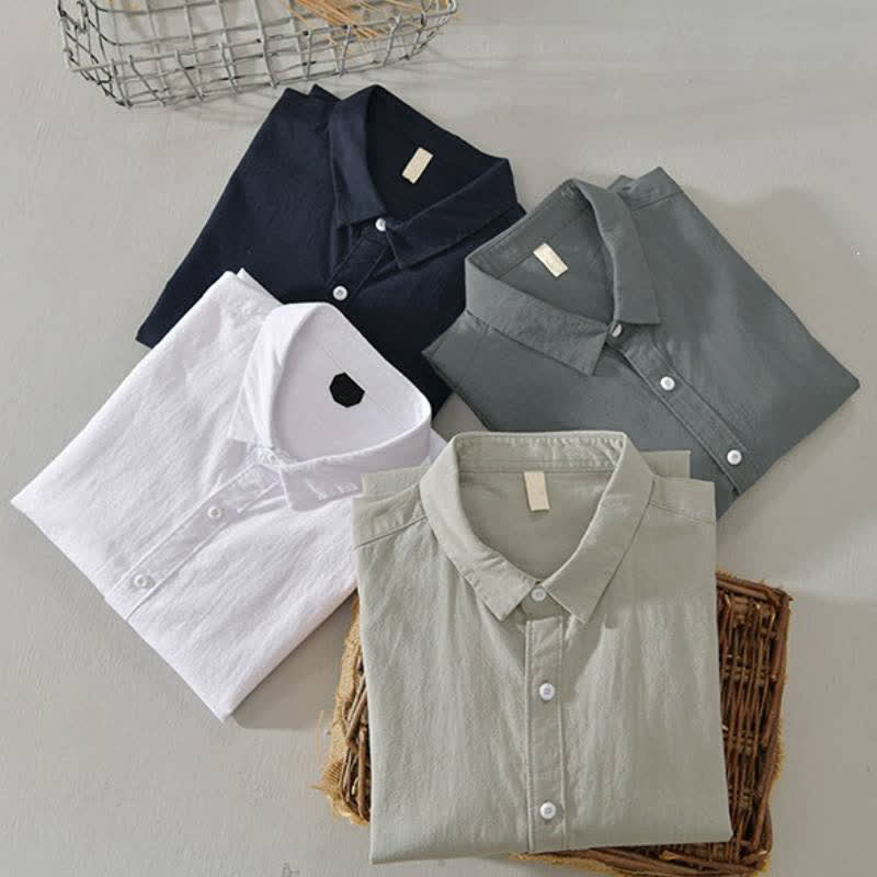 Buddha Stones Spring Casual Minimalist Button-Up Solid Cotton Men's Long Sleeve Shirts - image 24