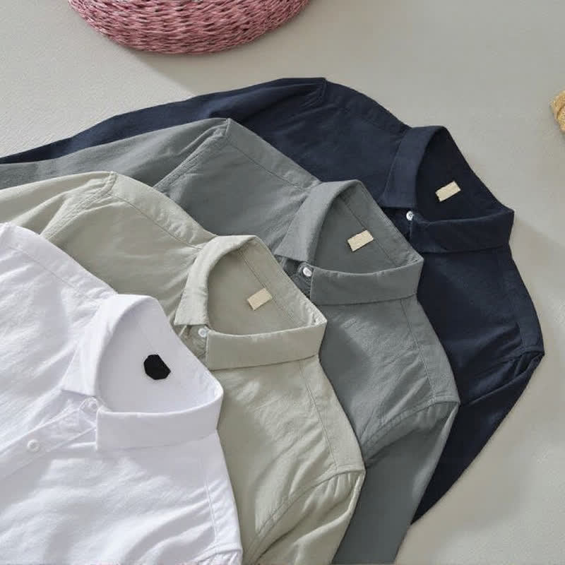 Buddha Stones Spring Casual Minimalist Button-Up Solid Cotton Men's Long Sleeve Shirts - image 25