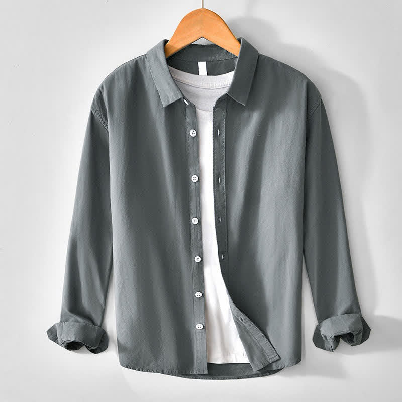 Buddha Stones Spring Casual Minimalist Button-Up Solid Cotton Men's Long Sleeve Shirts - DimGray - US/UK/AU44, EU54 (4XL) - image 0