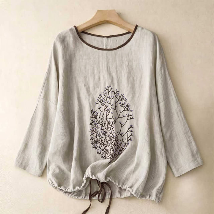 Buddha Stones Casual Embroidery Tree Drawstring Women's Crew Neck Design Half Sleeve T-Shirt - LightGrey - Long Sleeve - US14，UK/AU18，EU46 (2XL) - image 29