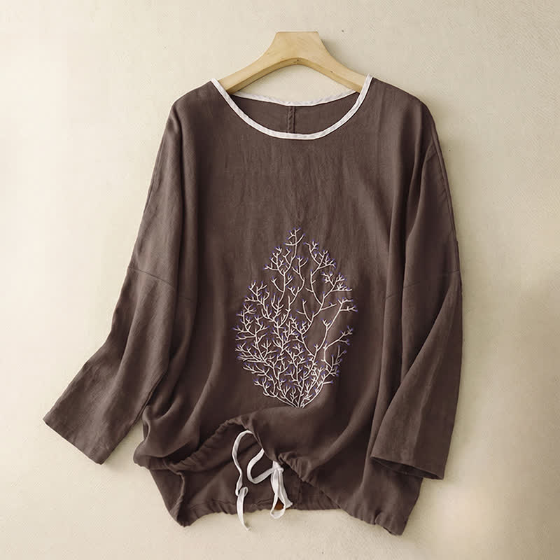 Buddha Stones Spring Fall Casual Embroidery Tree Drawstring Women's Crew Neck Design Cotton Linen Women's Long Sleeve T-Shirt - SaddleBrown - US14，UK/AU18，EU46 (2XL) - image 11