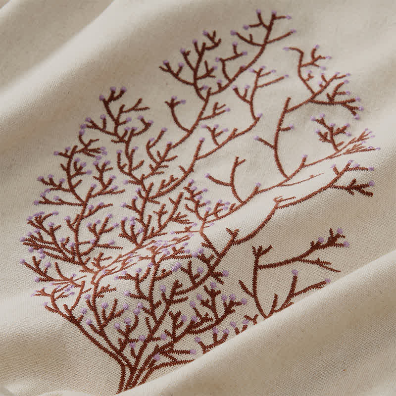 Buddha Stones Spring Fall Casual Embroidery Tree Drawstring Women's Crew Neck Design Cotton Linen Women's Long Sleeve T-Shirt - image 3