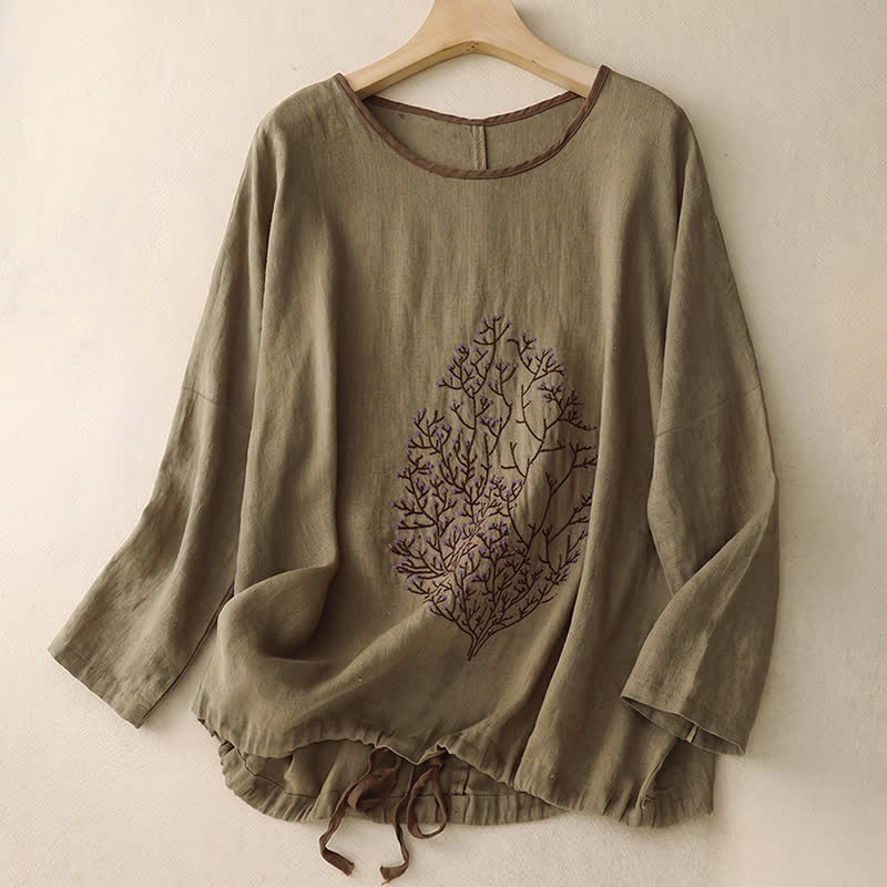 Buddha Stones Spring Fall Casual Embroidery Tree Drawstring Women's Crew Neck Design Cotton Linen Women's Long Sleeve T-Shirt - Olive - US14，UK/AU18，EU46 (2XL) - image 12