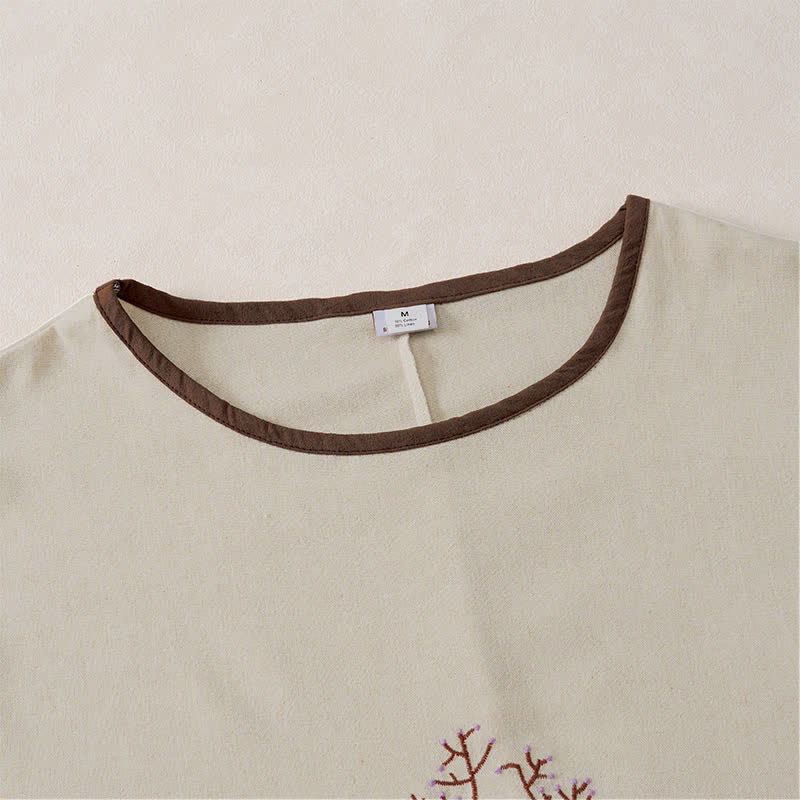 Buddha Stones Spring Fall Casual Embroidery Tree Drawstring Women's Crew Neck Design Cotton Linen Women's Long Sleeve T-Shirt - image 2
