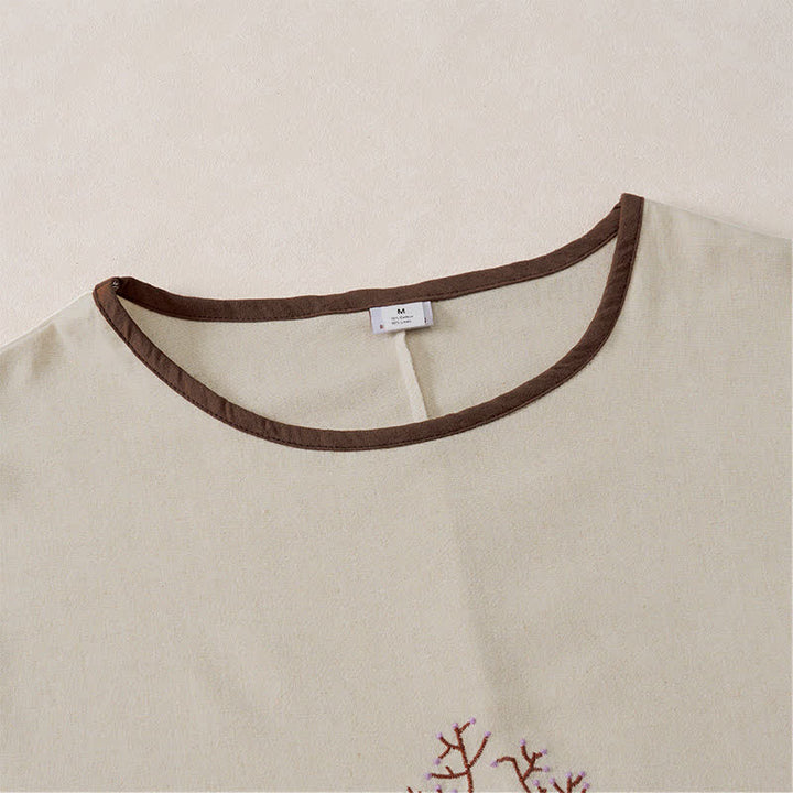 Buddha Stones Spring Fall Casual Embroidery Tree Drawstring Women's Crew Neck Design Cotton Linen Women's Long Sleeve T-Shirt - image 2