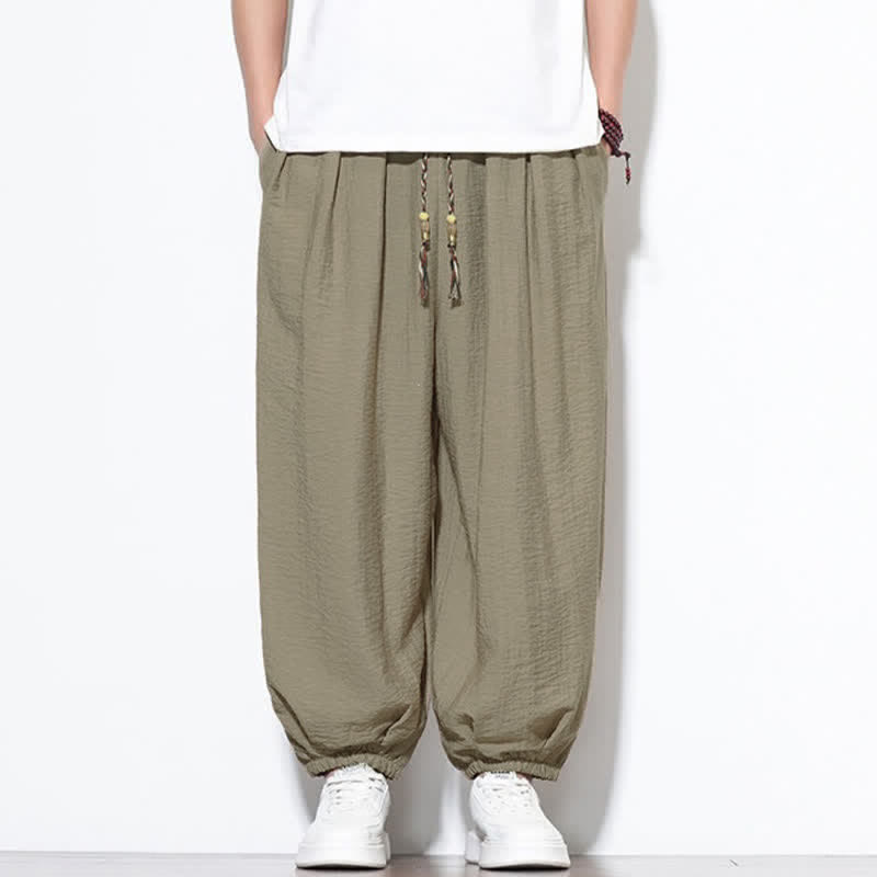 Buddha Stones Summer Casual Boho Drawstring Solid Cropped Pants Men's Harem Pants With Pocket - image 32
