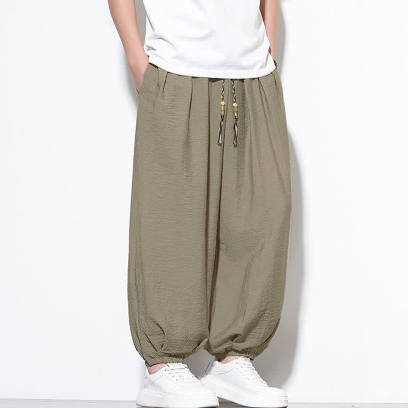 Buddha Stones Summer Casual Boho Drawstring Solid Cropped Pants Men's Harem Pants With Pocket - image 30