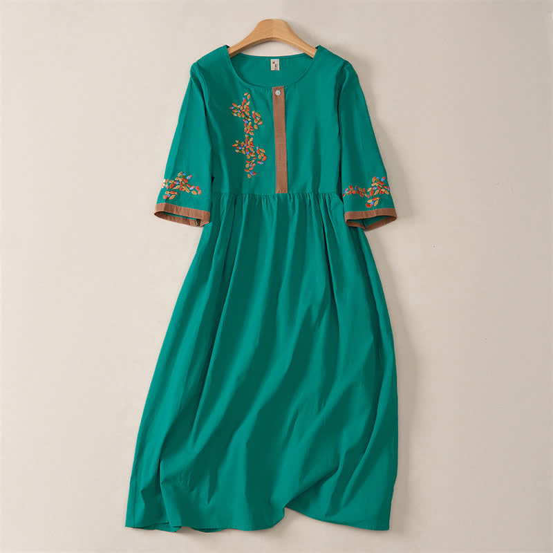 Buddha Stones Spring Ethnic Embroidery Half Sleeve Women's Midi Dress - Teal - US12，UK/AU16，EU44 (2XL) - image 13