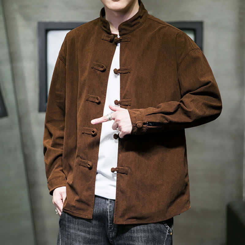 Buddha Stones Fall Winter Casual Tang Style Frog Button Solid Cotton Men's Jacket - image 8