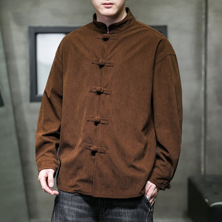 Buddha Stones Fall Winter Casual Tang Style Frog Button Solid Cotton Men's Jacket - image 3