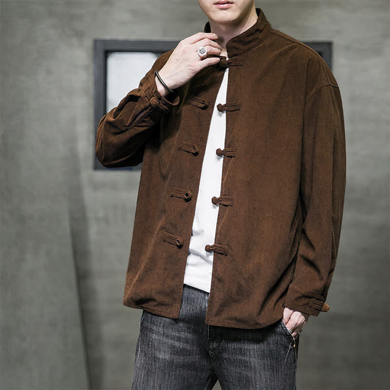 Buddha Stones Fall Winter Casual Tang Style Frog Button Solid Cotton Men's Jacket - image 5