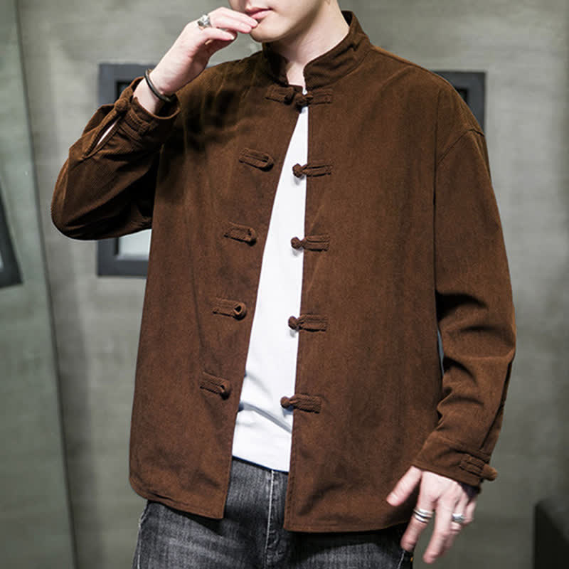 Buddha Stones Fall Winter Casual Tang Style Frog Button Solid Cotton Men's Jacket - image 6