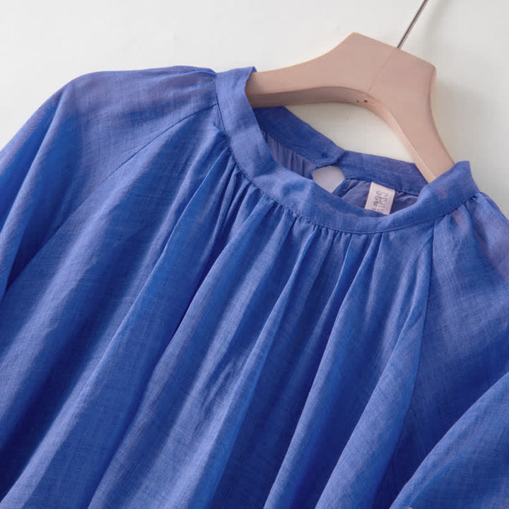 Buddha Stones Plain Drawstring Three Quarter Puff Sleeve Midi Dress With Pockets - image 5