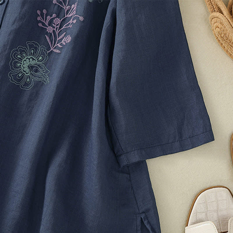 Buddha Stones Embroidery Pleated Design Stand Collar Three Quarter Sleeve Side Slit Hem Women's Shirt - image 5