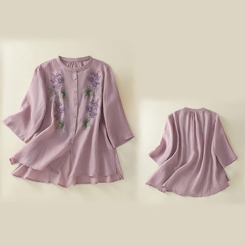 Buddha Stones Embroidery Pleated Design Stand Collar Three Quarter Sleeve Side Slit Hem Women's Shirt - image 15