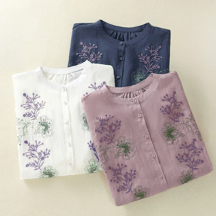 Buddha Stones Embroidery Pleated Design Stand Collar Three Quarter Sleeve Side Slit Hem Women's Shirt - image 26