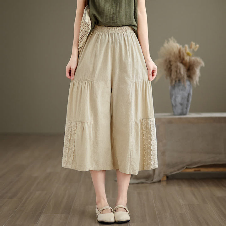 Buddha Stones Casual Plain Lace Splicing Cotton Women's Cropped Wide Leg Pants With Pockets - image 5