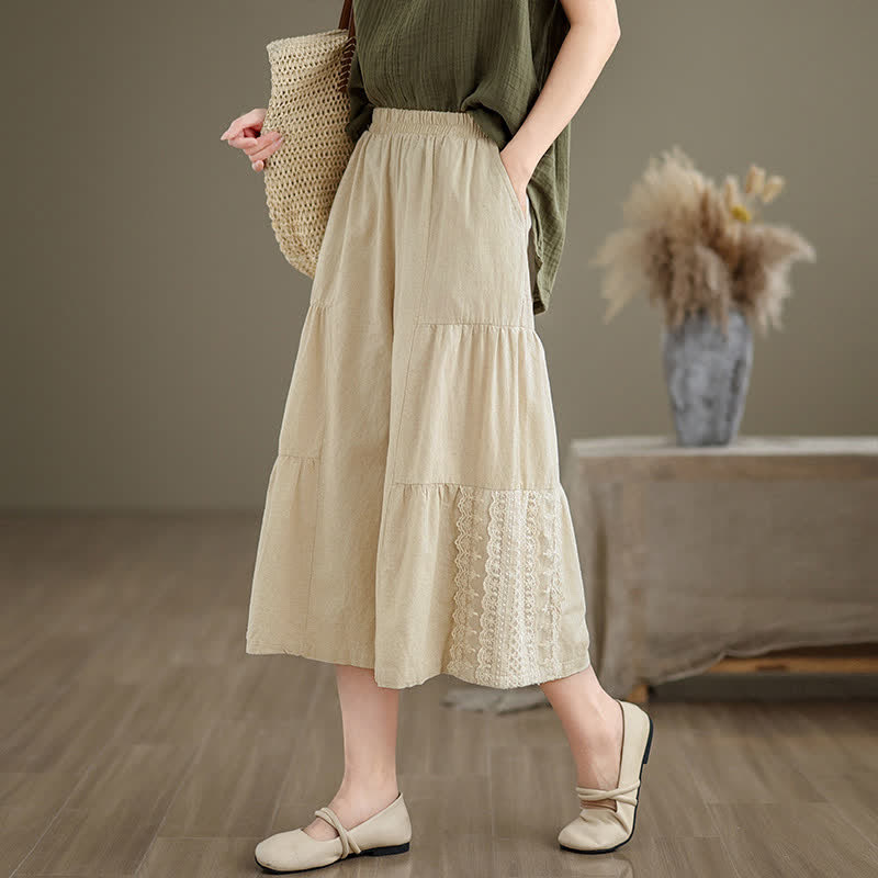 Buddha Stones Casual Plain Lace Splicing Cotton Women's Cropped Wide Leg Pants With Pockets - image 2