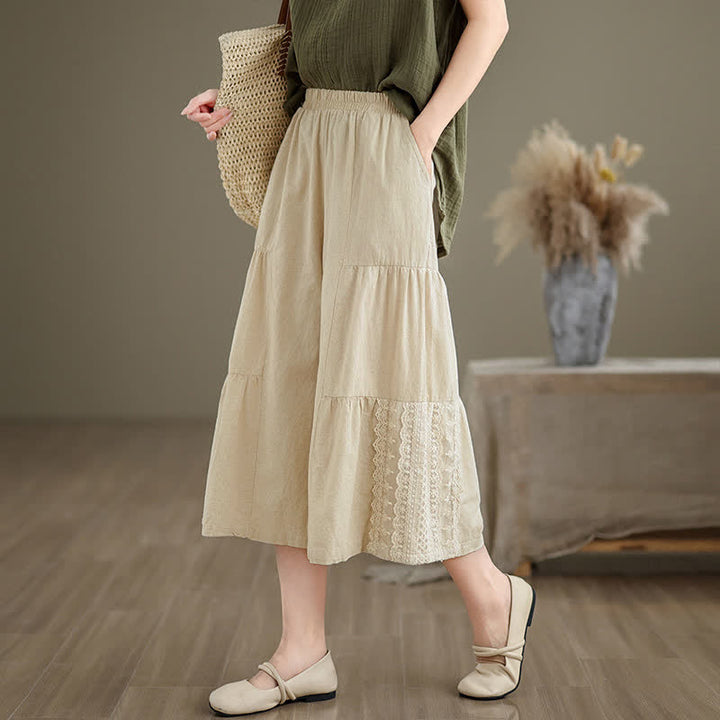 Buddha Stones Casual Plain Lace Splicing Cotton Women's Cropped Wide Leg Pants With Pockets - image 2