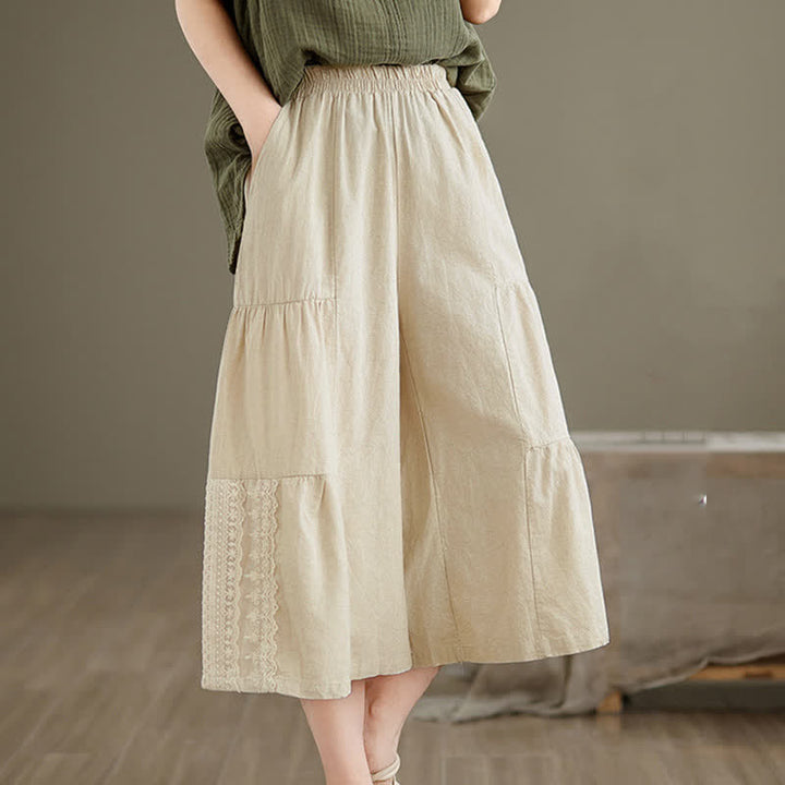 Buddha Stones Casual Plain Lace Splicing Cotton Women's Cropped Wide Leg Pants With Pockets - image 4