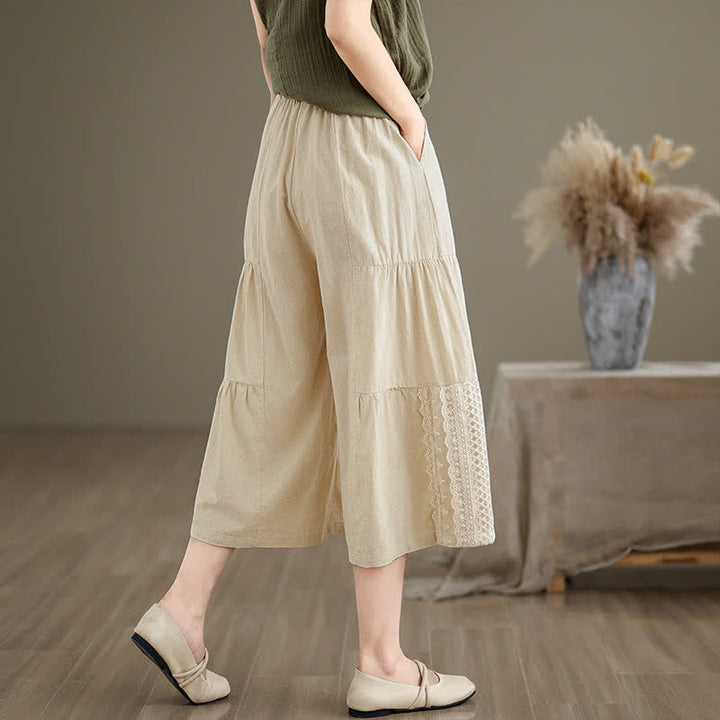Buddha Stones Casual Plain Lace Splicing Cotton Women's Cropped Wide Leg Pants With Pockets - image 3