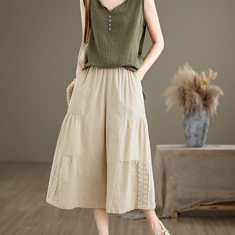 Buddha Stones Casual Plain Lace Splicing Cotton Women's Cropped Wide Leg Pants With Pockets - image 1