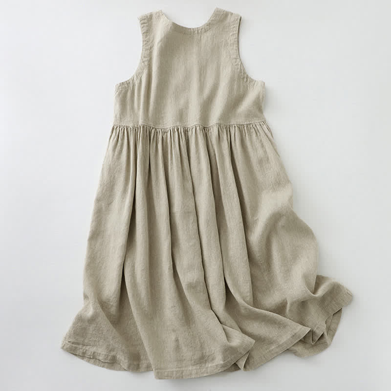Buddha Stones Daily Casual Pure Color V-Neck Simple Buttons Design Sleeveless Midi Dress - image 1