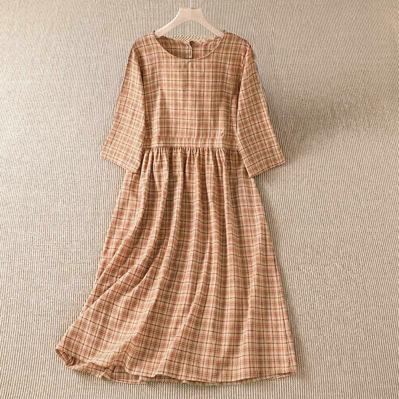 Buddha Stones Summer Casual Vintage Plaid Women's Three-Quarter Sleeve Dress With Pocket - SandyBrown - US12, UK/AU16, EU44 (2XL) - image 0
