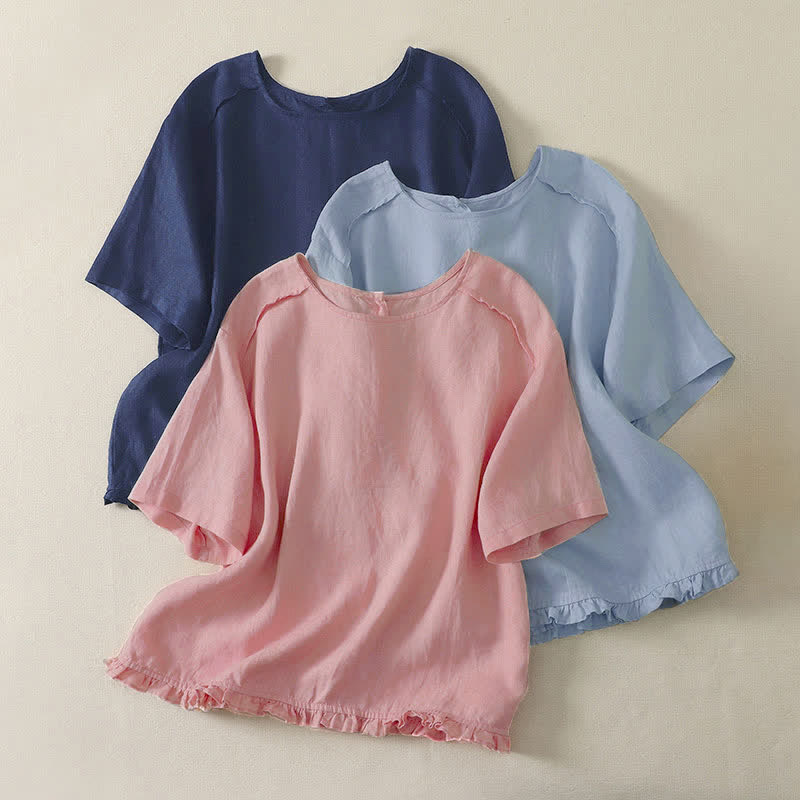 Buddha Stones Summer Casual Minimalist Ruffle Hem Solid Women's Short Sleeve T-Shirts - image 0