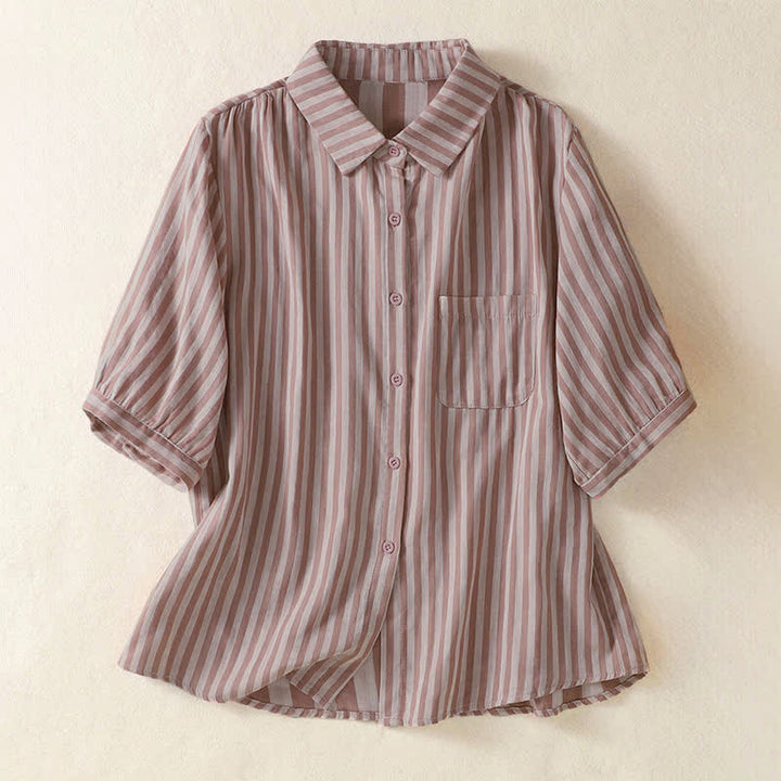 Buddha Stones Summer Casual Button-Up Striped Women's Short Sleeve Shirts With Patch Pocket - RosyBrown - US12, UK/AU16, EU44 (3XL) - image 8