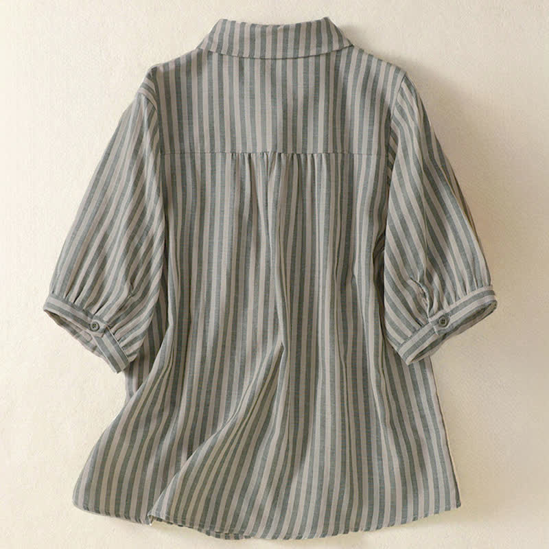 Buddha Stones Summer Casual Button-Up Striped Women's Short Sleeve Shirts With Patch Pocket - image 1