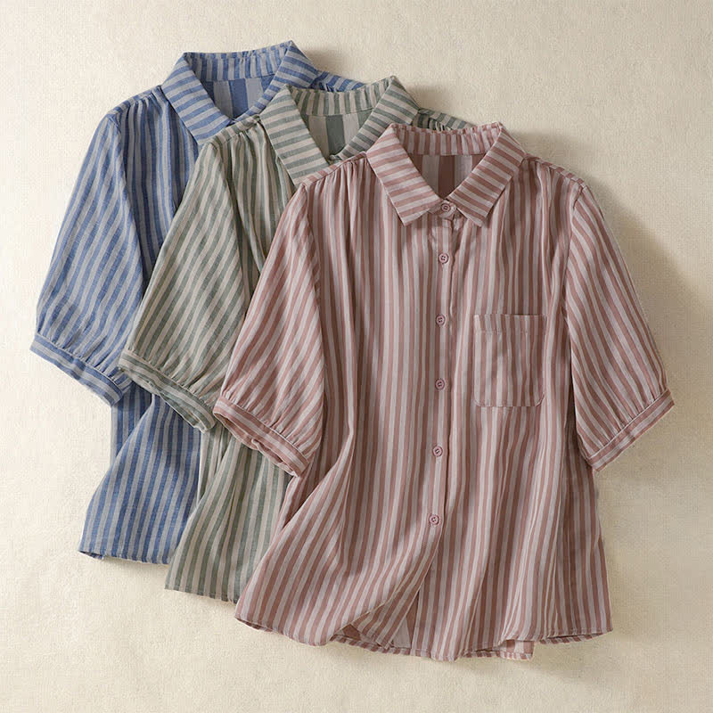 Buddha Stones Summer Casual Button-Up Striped Women's Short Sleeve Shirts With Patch Pocket - image 29