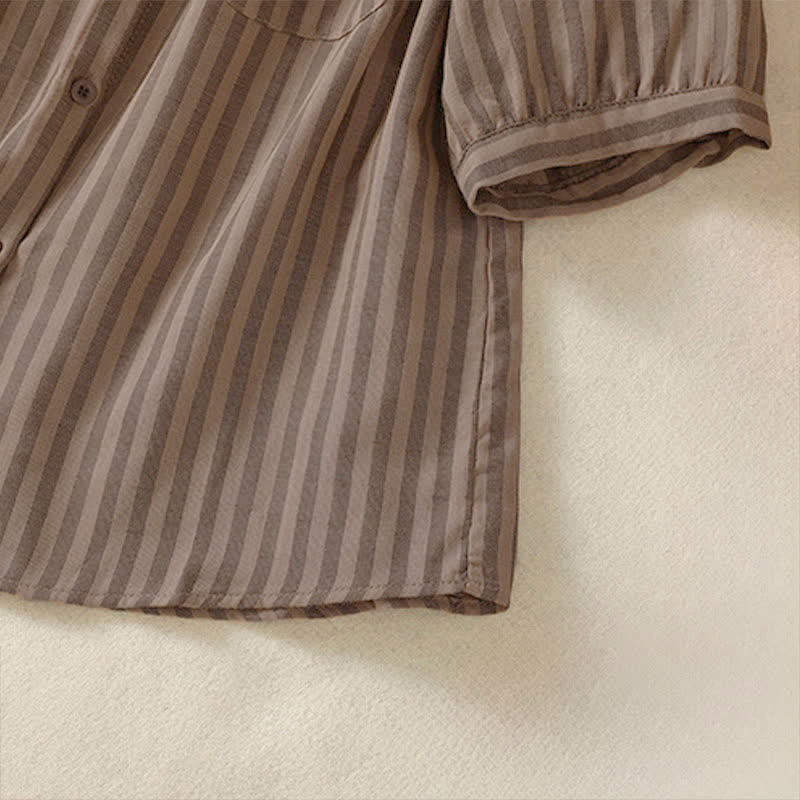 Buddha Stones Summer Casual Button-Up Striped Women's Short Sleeve Shirts With Patch Pocket - image 22