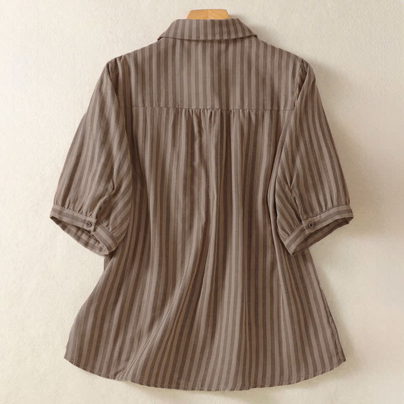 Buddha Stones Summer Casual Button-Up Striped Women's Short Sleeve Shirts With Patch Pocket - image 15