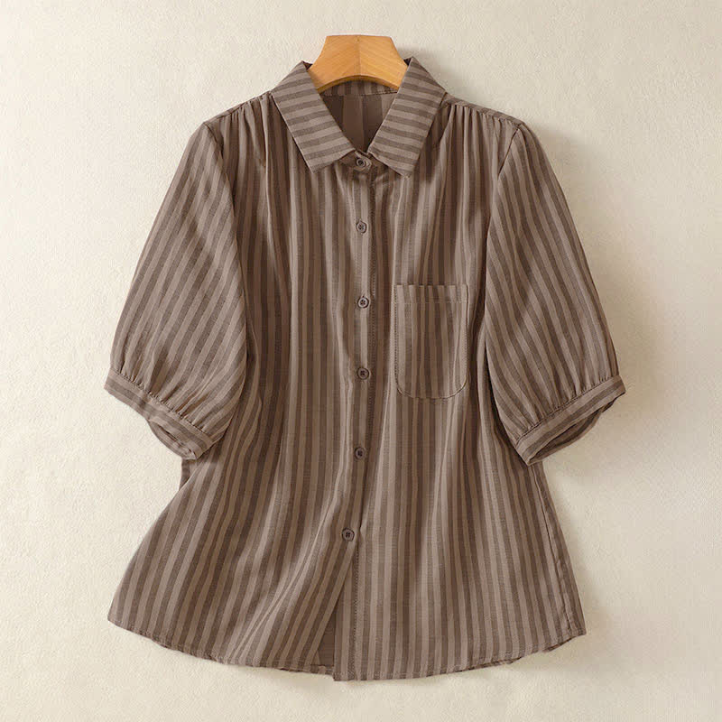 Buddha Stones Summer Casual Button-Up Striped Women's Short Sleeve Shirts With Patch Pocket - SaddleBrown - US12, UK/AU16, EU44 (3XL) - image 14