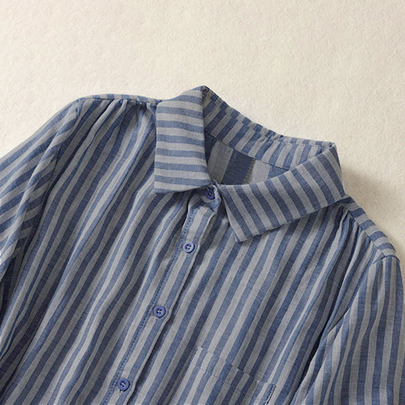 Buddha Stones Summer Casual Button-Up Striped Women's Short Sleeve Shirts With Patch Pocket - image 25