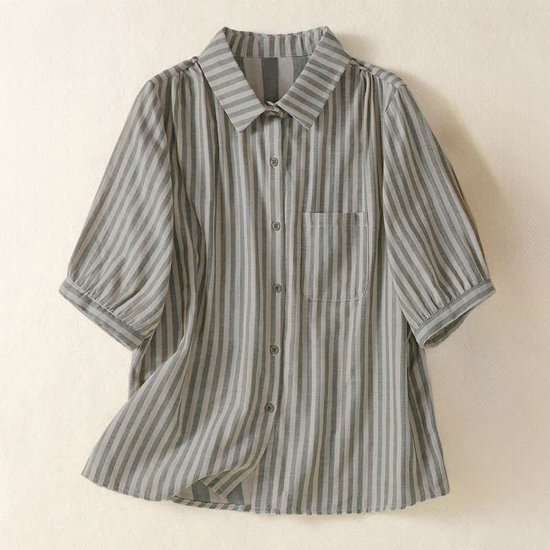 Buddha Stones Summer Casual Button-Up Striped Women's Short Sleeve Shirts With Patch Pocket - OliveDrab - US12, UK/AU16, EU44 (3XL) - image 0