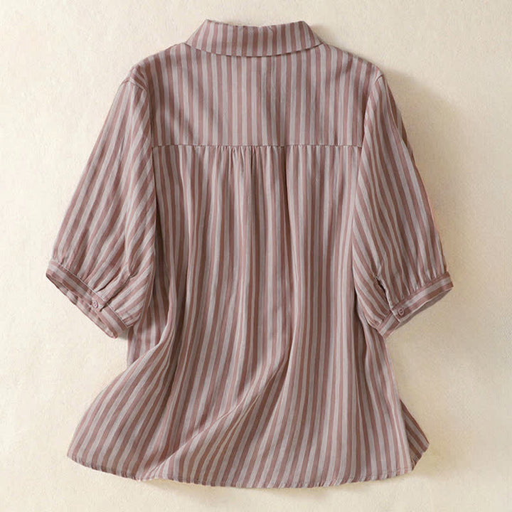Buddha Stones Summer Casual Button-Up Striped Women's Short Sleeve Shirts With Patch Pocket - image 9