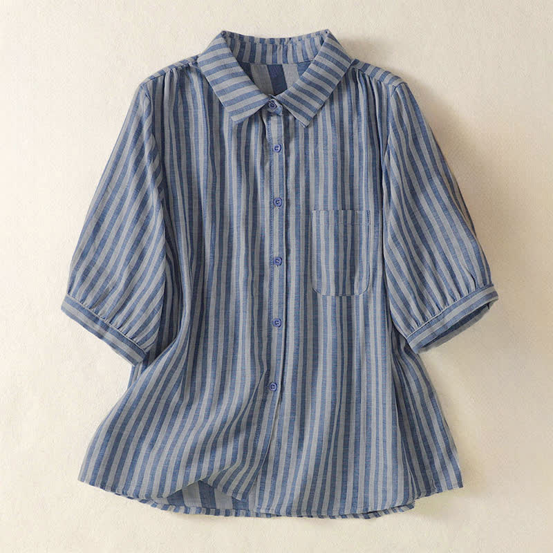 Buddha Stones Summer Casual Button-Up Striped Women's Short Sleeve Shirts With Patch Pocket - SteelBlue - US12, UK/AU16, EU44 (3XL) - image 24