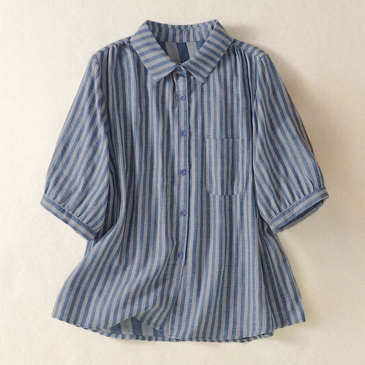 Buddha Stones Summer Casual Button-Up Striped Women's Short Sleeve Shirts With Patch Pocket - SteelBlue - US12, UK/AU16, EU44 (3XL) - image 24