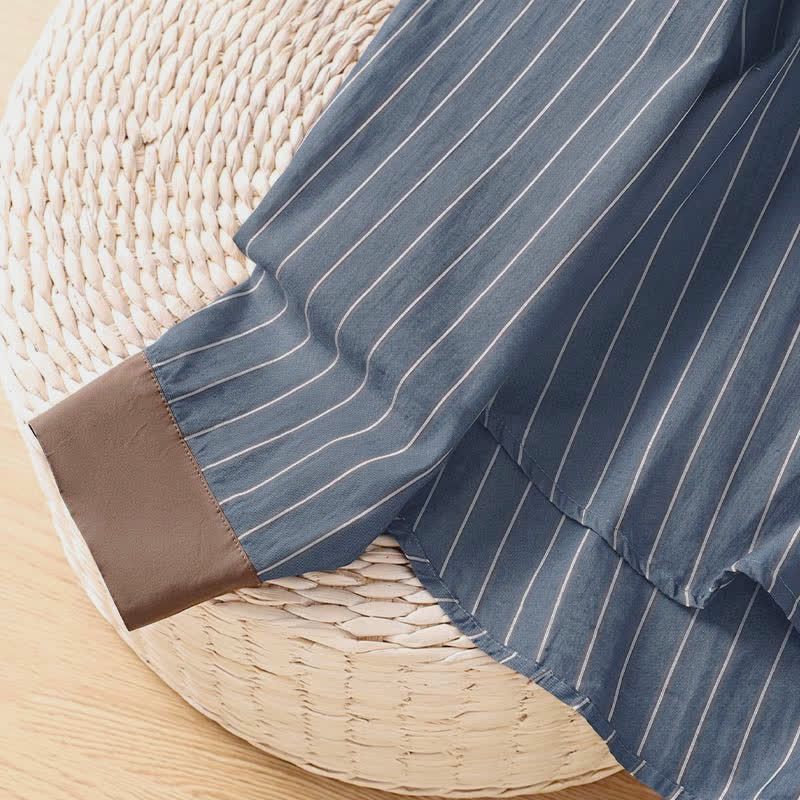 Buddha Stones Spring Summer Casual Minimalist Button-Up Striped Contrast Trim Women's Long Sleeve Shirts With Patch Pocket - image 14