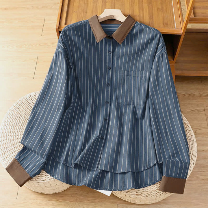 Buddha Stones Spring Summer Casual Minimalist Button-Up Striped Contrast Trim Women's Long Sleeve Shirts With Patch Pocket - SteelBlue - US12, UK/AU16, EU44 (2XL) - image 10