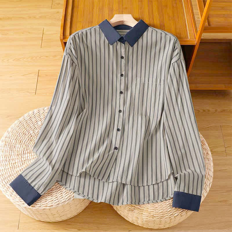Buddha Stones Spring Summer Casual Minimalist Button-Up Striped Contrast Trim Women's Long Sleeve Shirts With Patch Pocket - Gainsboro - US12, UK/AU16, EU44 (2XL) - image 1