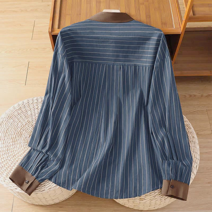 Buddha Stones Spring Summer Casual Minimalist Button-Up Striped Contrast Trim Women's Long Sleeve Shirts With Patch Pocket - image 11