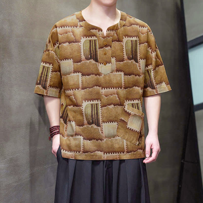 Buddha Stones Summer Casual Boho Patchwork Plaid Design Men's Short Sleeve Shirts With Patch Pocket - image 10